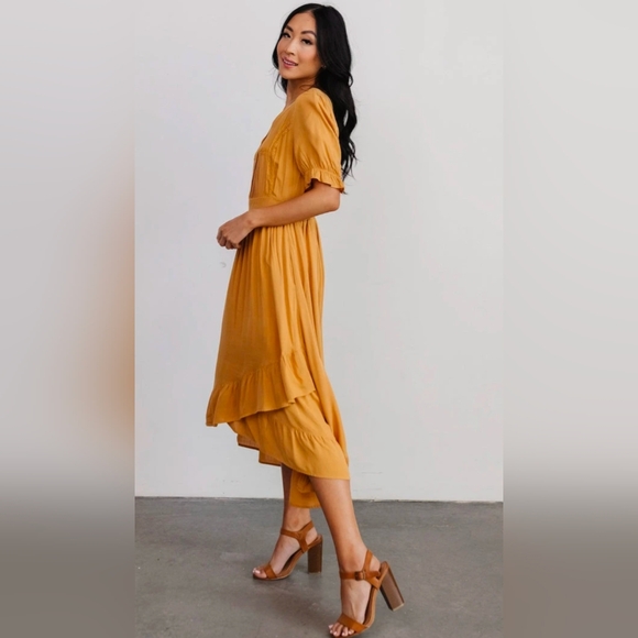 Baltic Born Cascading Ruffle Pleated Button Top Puff Sleeve Textured Front Midi - Picture 3 of 16